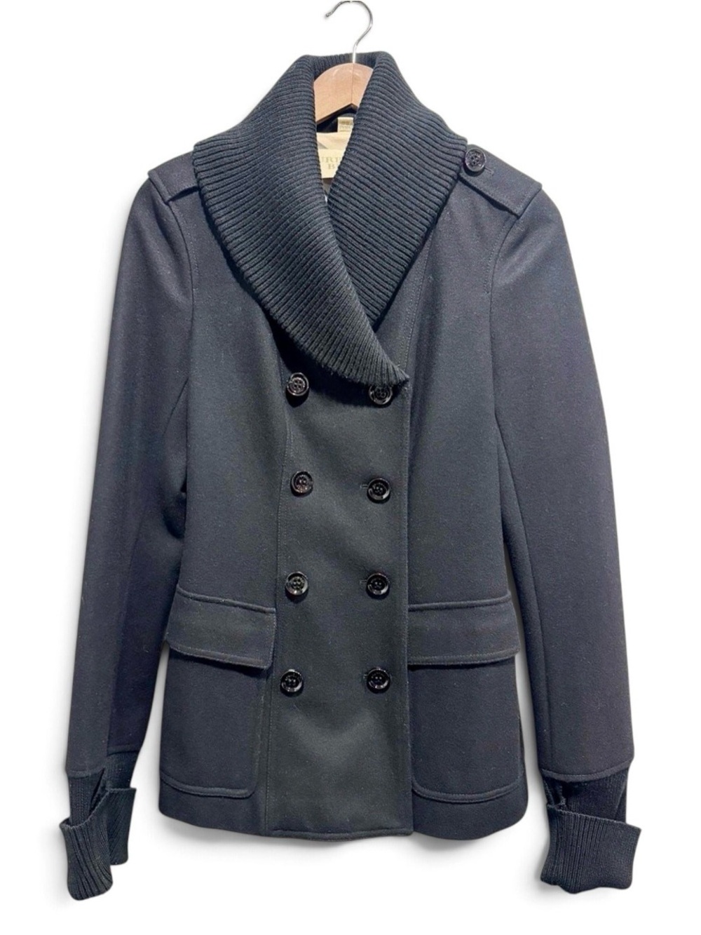 Burberry Brit Black Wool Peacoat Rib Knit Shawl Collar Nova Check IT 42